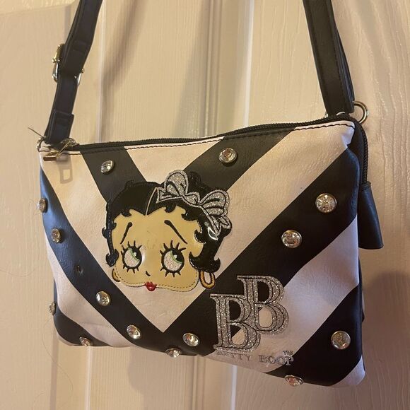 Betty Boop black and white crossbody/shoulder bag with Rhinestones studs. - Picture 10 of 14